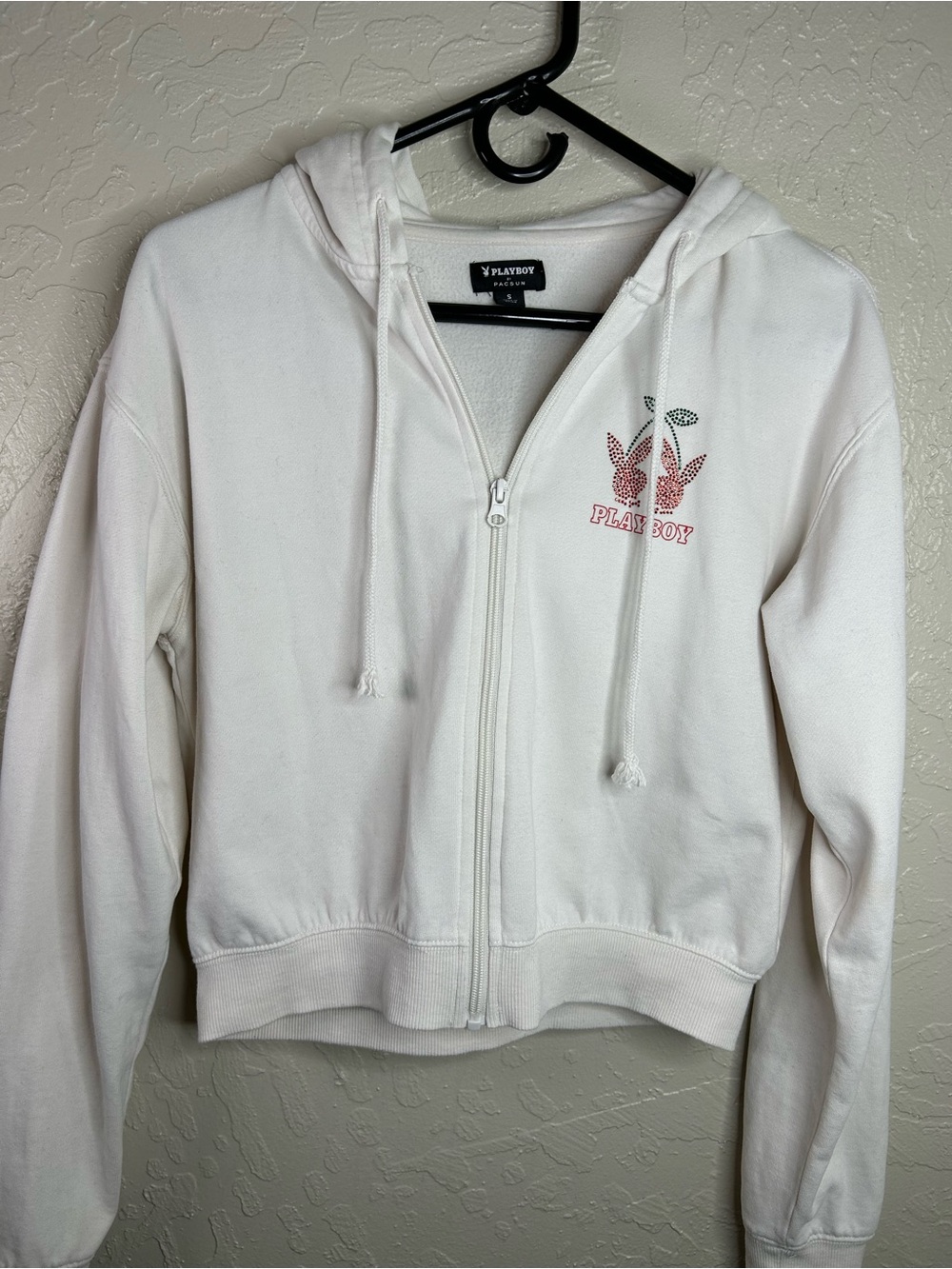 Playboy x PacSun White Cherry Rhinestone Zip-Up Hoodie Size S